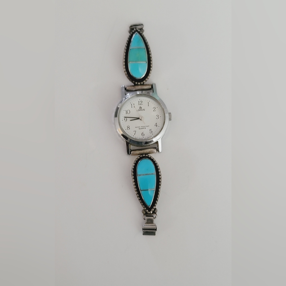 Native Zuni Turquoise Inlay Sterling Silver Watchband Tip